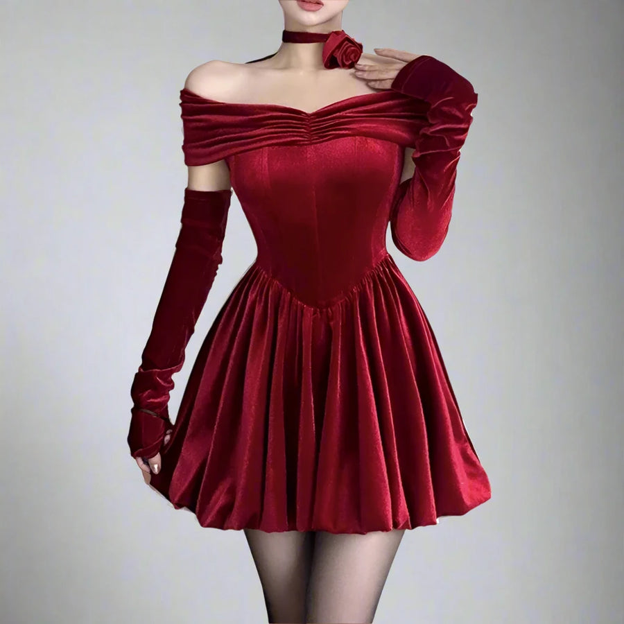 Elegant Velvet Party Dress with Off-Shoulder Ruched Detail