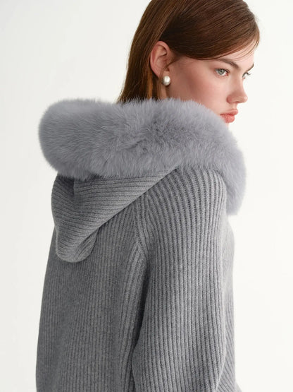Women's Faux Fur Hooded Cardigan Winter Knit Outerwear LORAN STORE