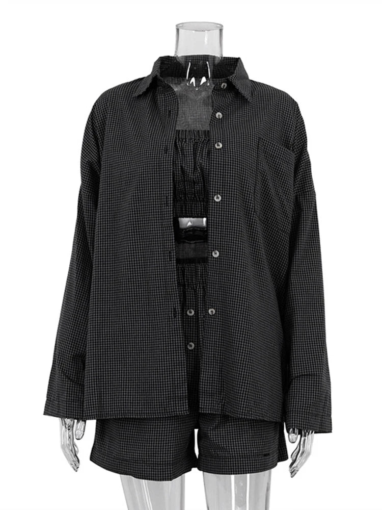 3-Piece Gray Plaid Cotton Lounge Set Loose Summer Outfit Loran