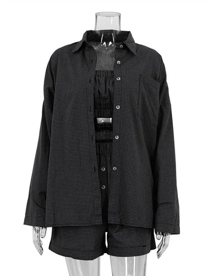 3-Piece Gray Plaid Cotton Lounge Set Loose Summer Outfit Loran