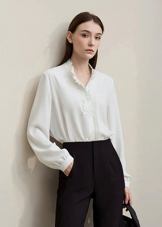 Amii Chiffon Shirt 2026 Spring New Straight Elegant Lace Splicing Pleated Women's Blouse Commuter Covered Button Tops 12641075 Loran