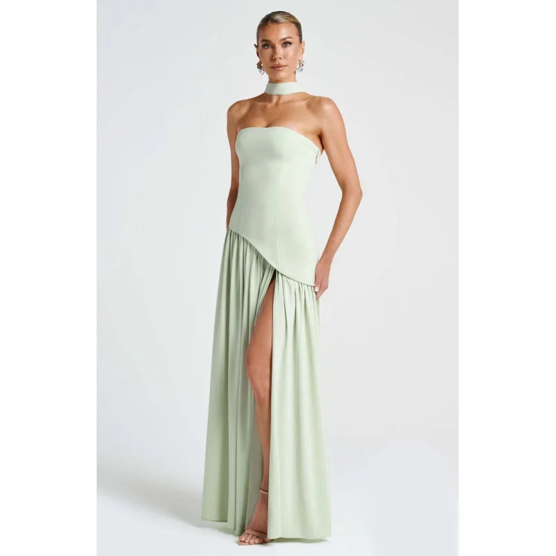 Sleek Solid Tube Top Maxi Dress with High Slit