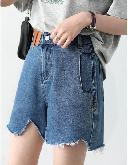 High-Waisted Retro Denim Shorts Irregular Cut Blue Jeans Loran
