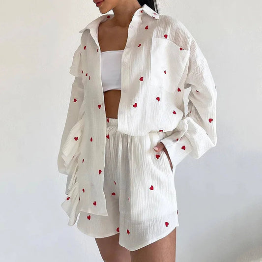 Women’s Love Print Cotton Linen Pajama Set with Shorts Loran