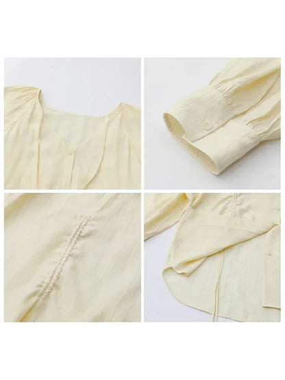 Women’s V-Neck Lace-Up Blouse Loose Pleated Spring Top Loran