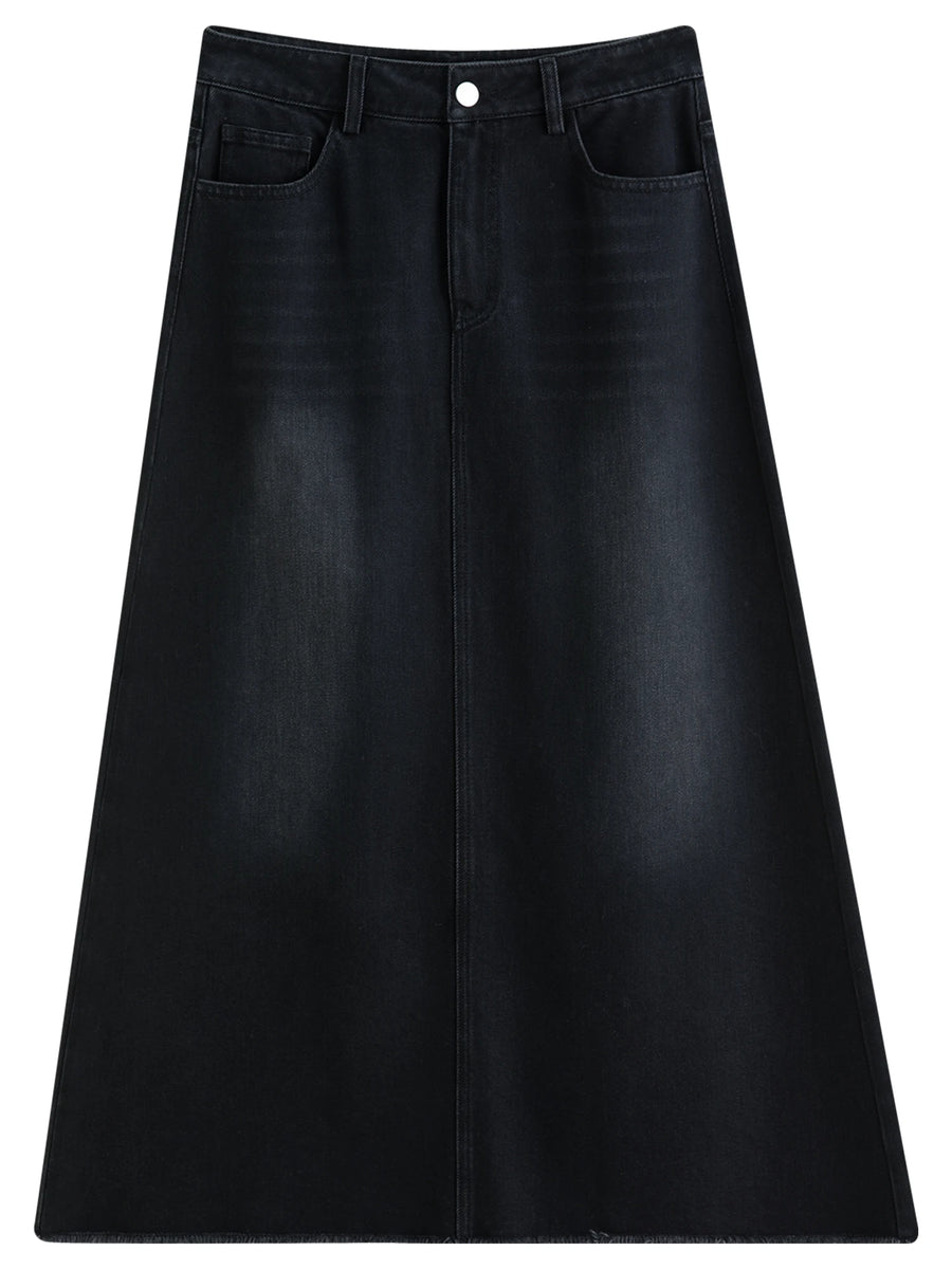 Classic Plus Size Black Denim Midi Skirt