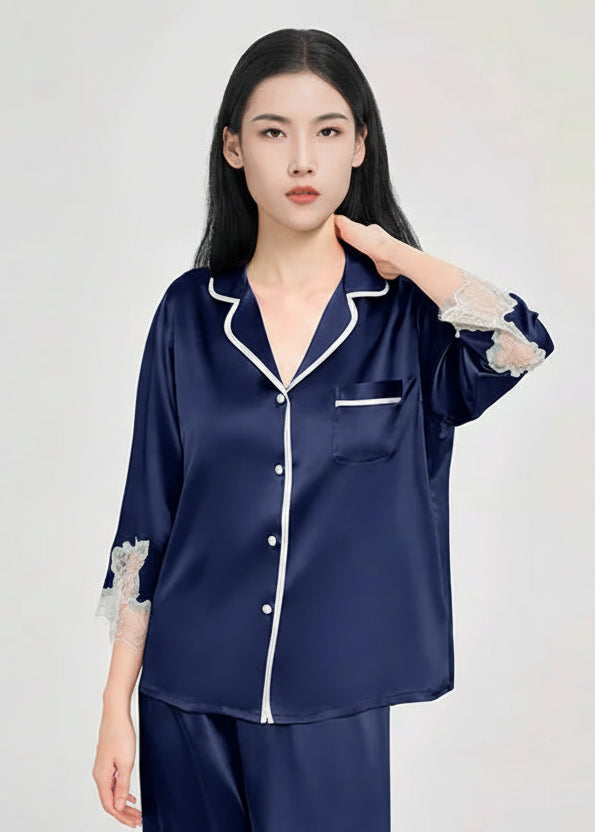 Mulberry Silk Pajama Set with Lace Trim 3-Piece Loungewear Loran