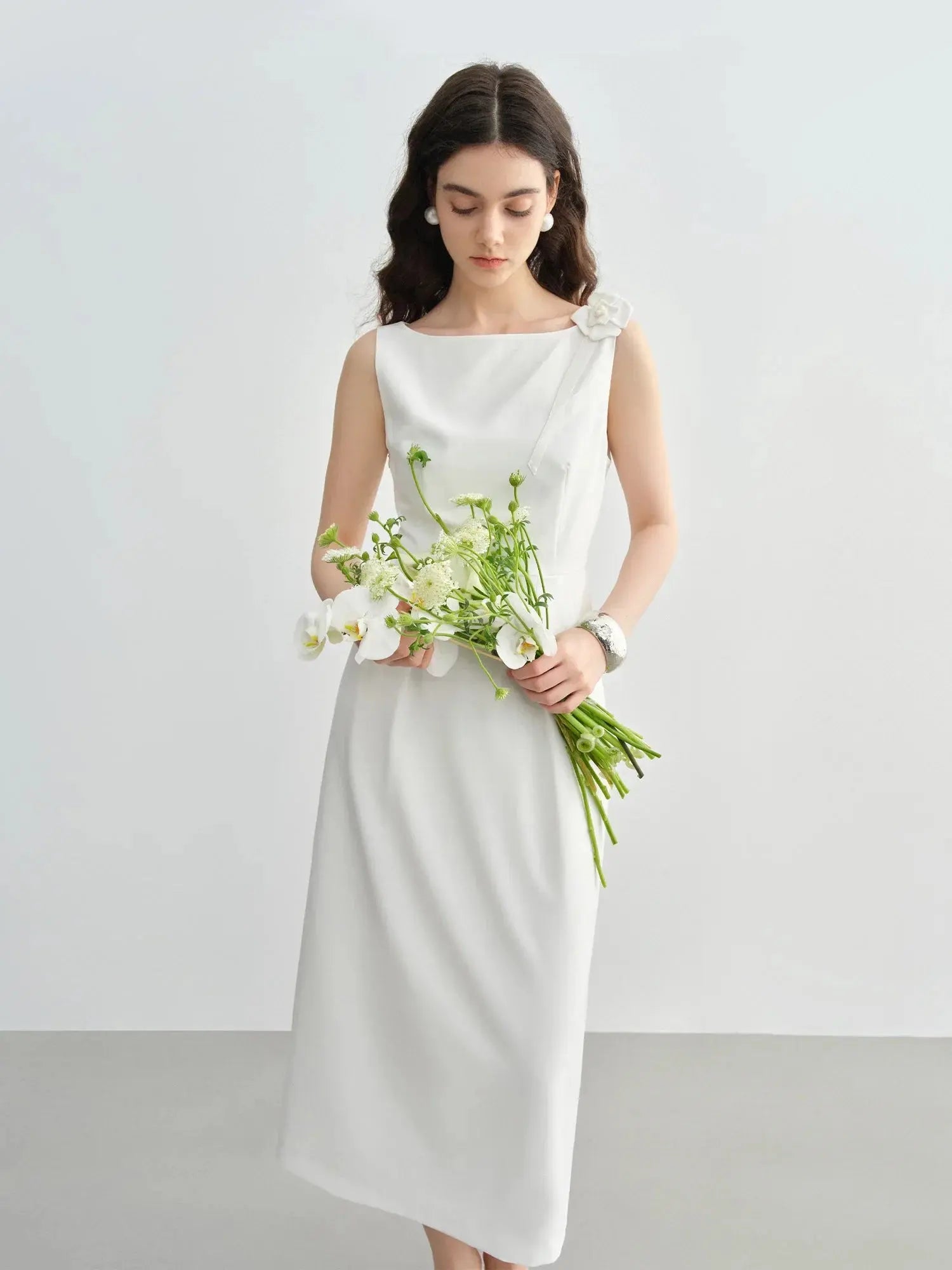 Elegant Plus Size Summer Choker Vest Dress with Floral Brooch LORAN STORE