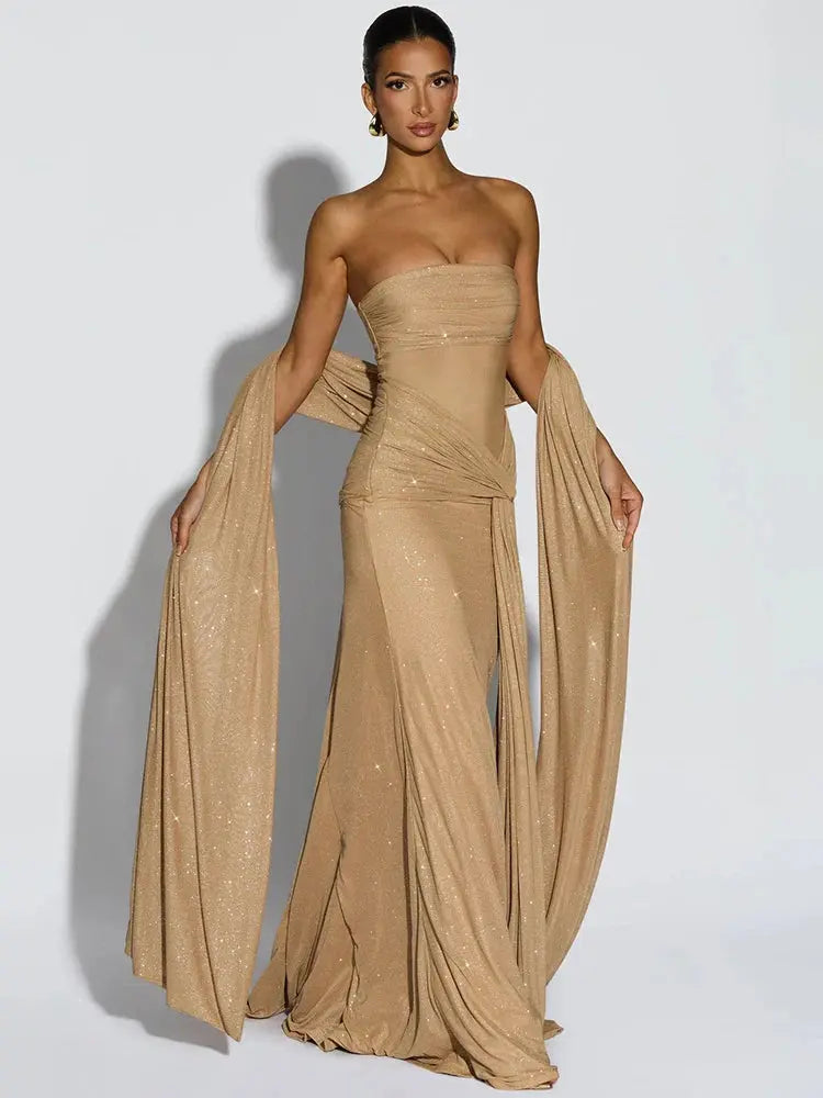 Sparkle Strapless Ruched Long Party Dress - Loran