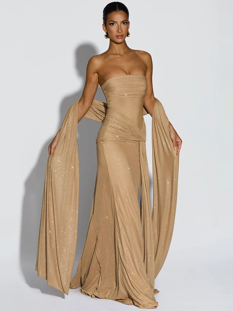 Sparkle Strapless Ruched Long Party Dress