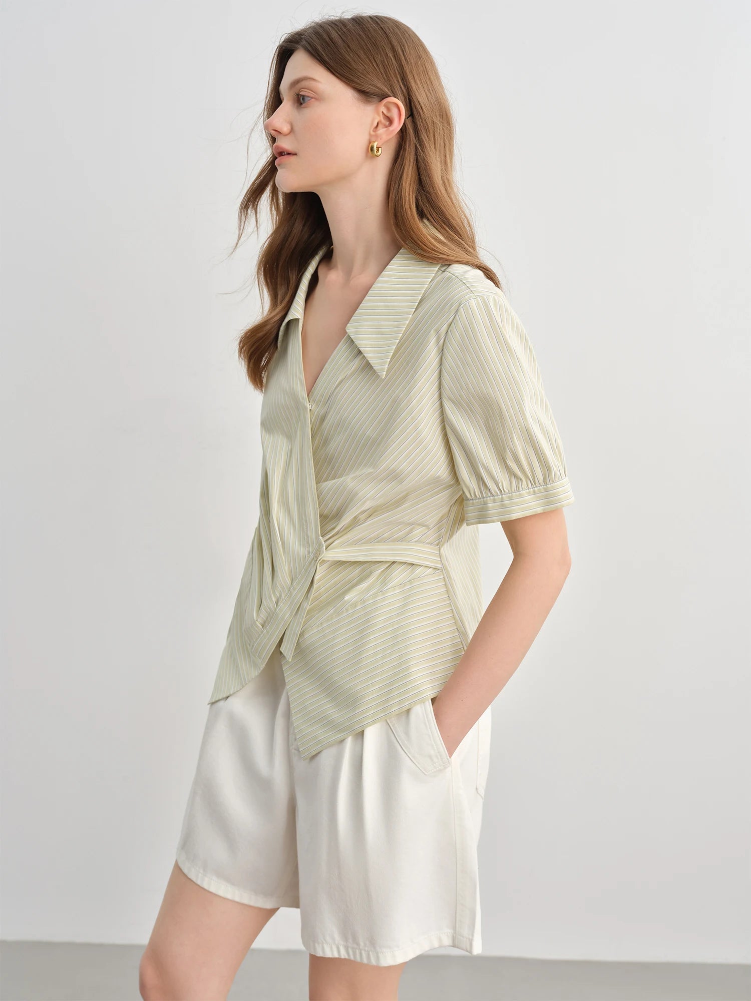 Striped Wrap Shirt V-Neck Summer Office Blouse Loran
