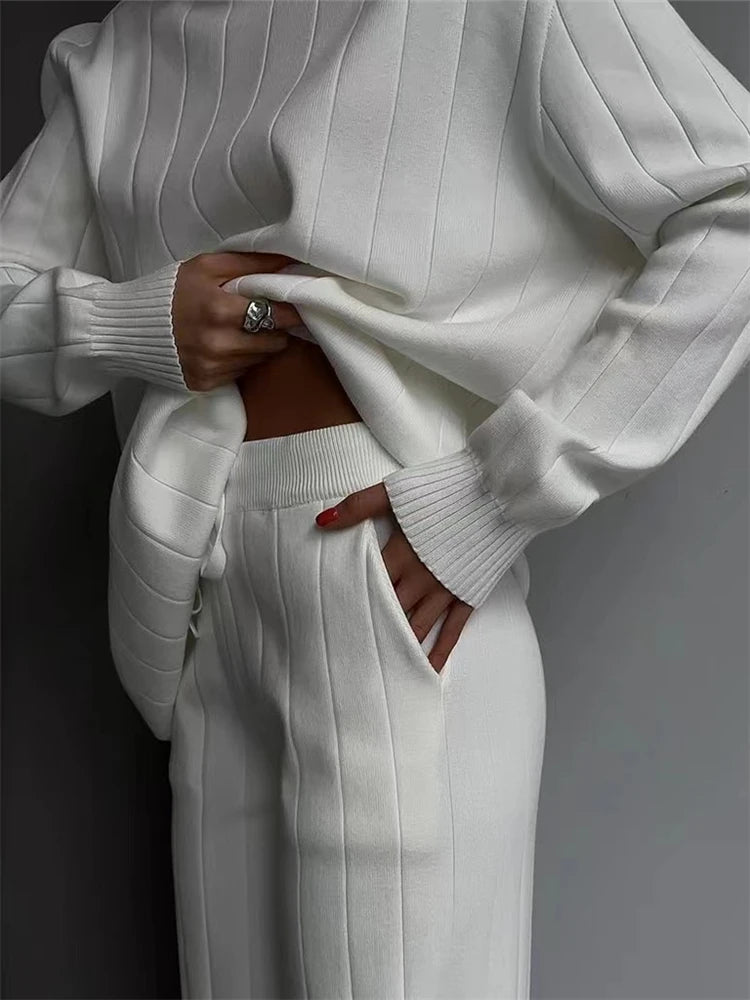 Women's White Knitted Turtleneck & Jogger Pant 2-Piece Set