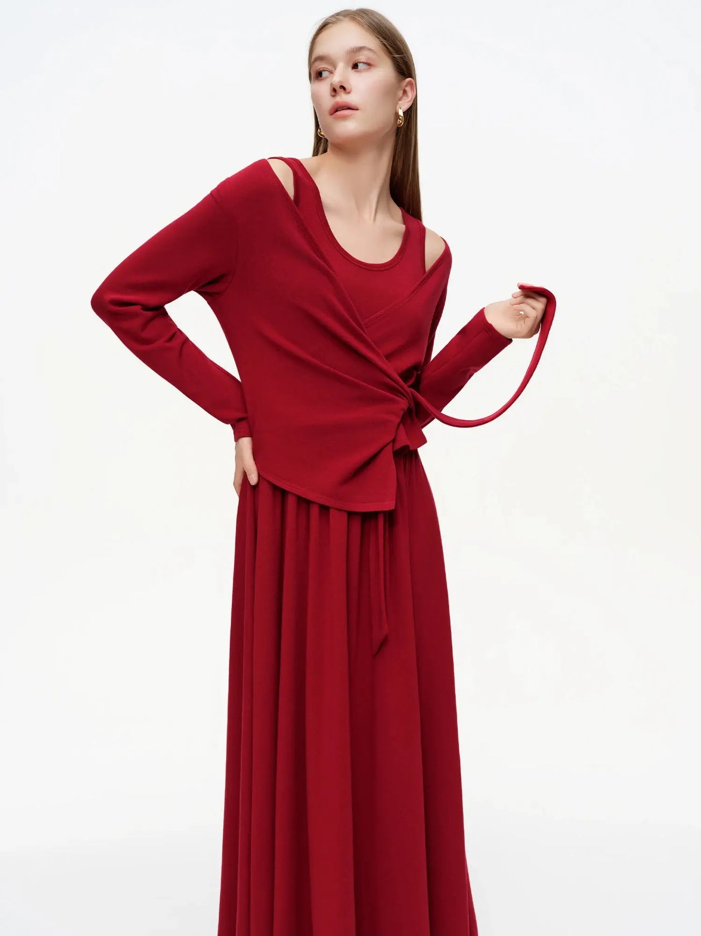 Women's Red Tie-Front Cardigan & Dress Set | Two-Piece Slim Fit - Loran