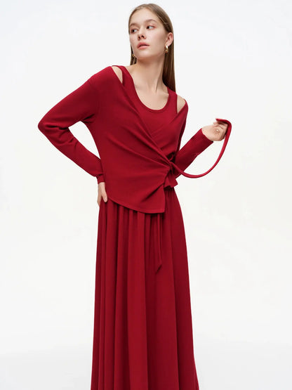 Women's Red Tie-Front Cardigan & Dress Set | Two-Piece Slim Fit - Loran