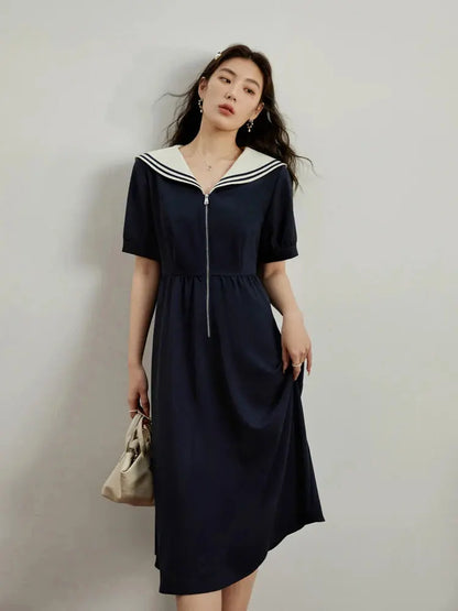 Chic Navy Contrast Zip Dress - Loran