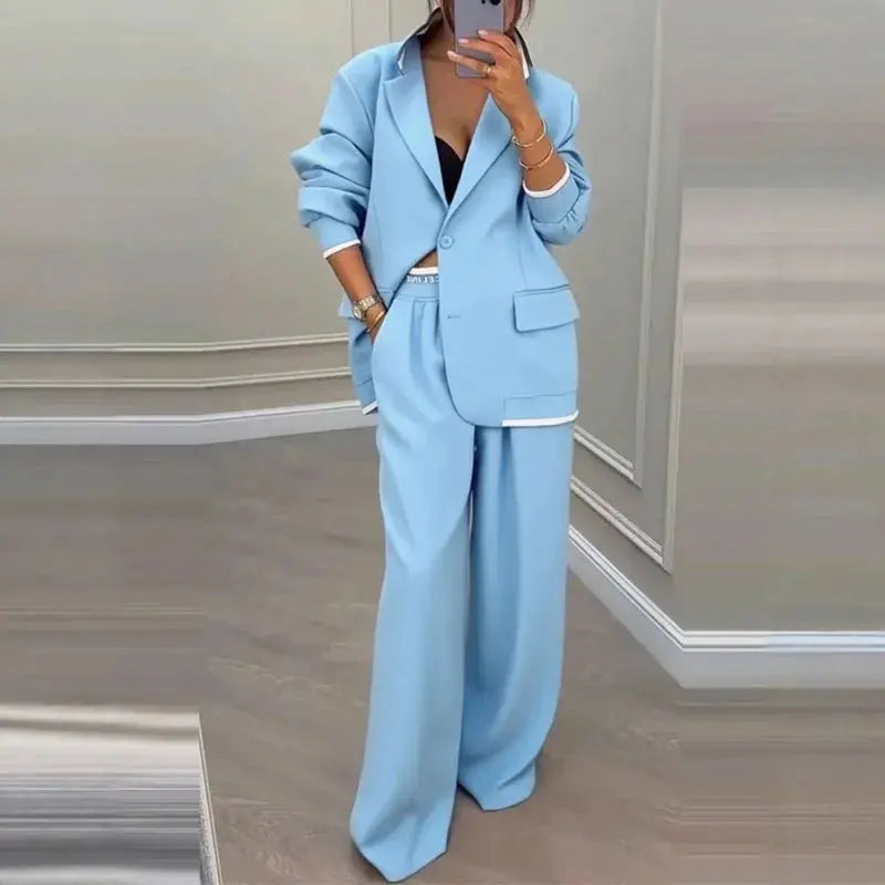 The Power Set: Solid Button Blazer and Straight-Leg Pant Suit - Loran
