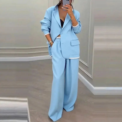 The Power Set: Solid Button Blazer and Straight-Leg Pant Suit - Loran