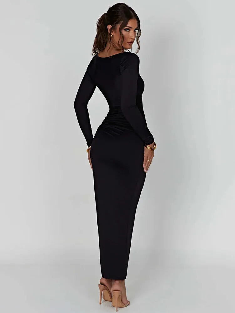 Long Sleeve Ruched High Split Maxi Dress - 3IN SMART Shop  #