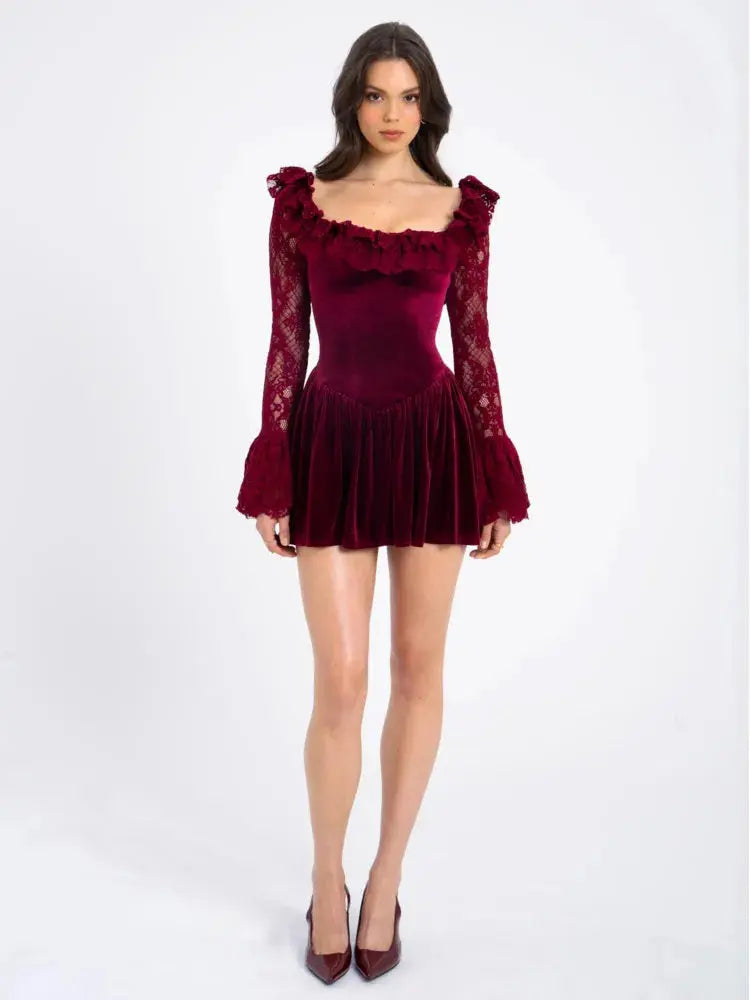 Backless Lace Mini Dress with Square Neck and Lace-Up Detail - Loran