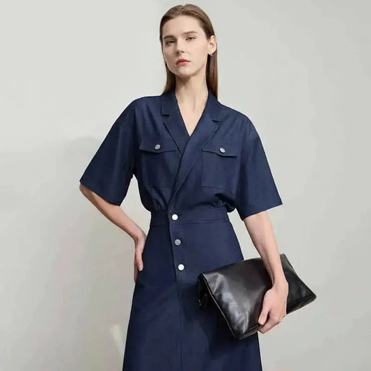 Draped Flip-Neck Denim Shirt Dress - Loran