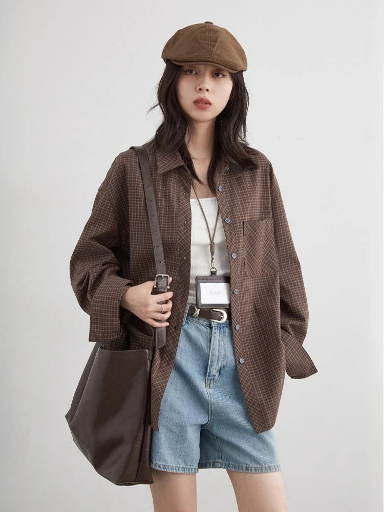 Retro Plaid Embroidered Shirt Loose Casual Autumn Blouse Loran