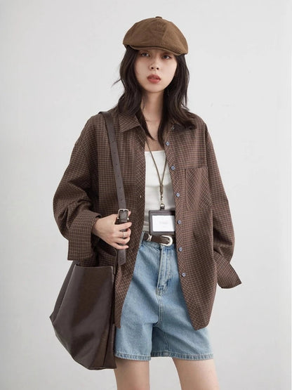 Retro Plaid Embroidered Shirt Loose Casual Autumn Blouse Loran