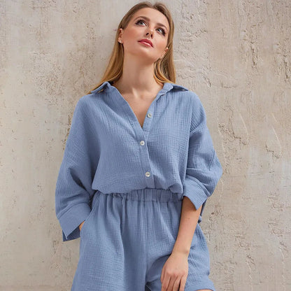Women's Cotton Pajama Set Casual Collar Sleepwear Suit Loran