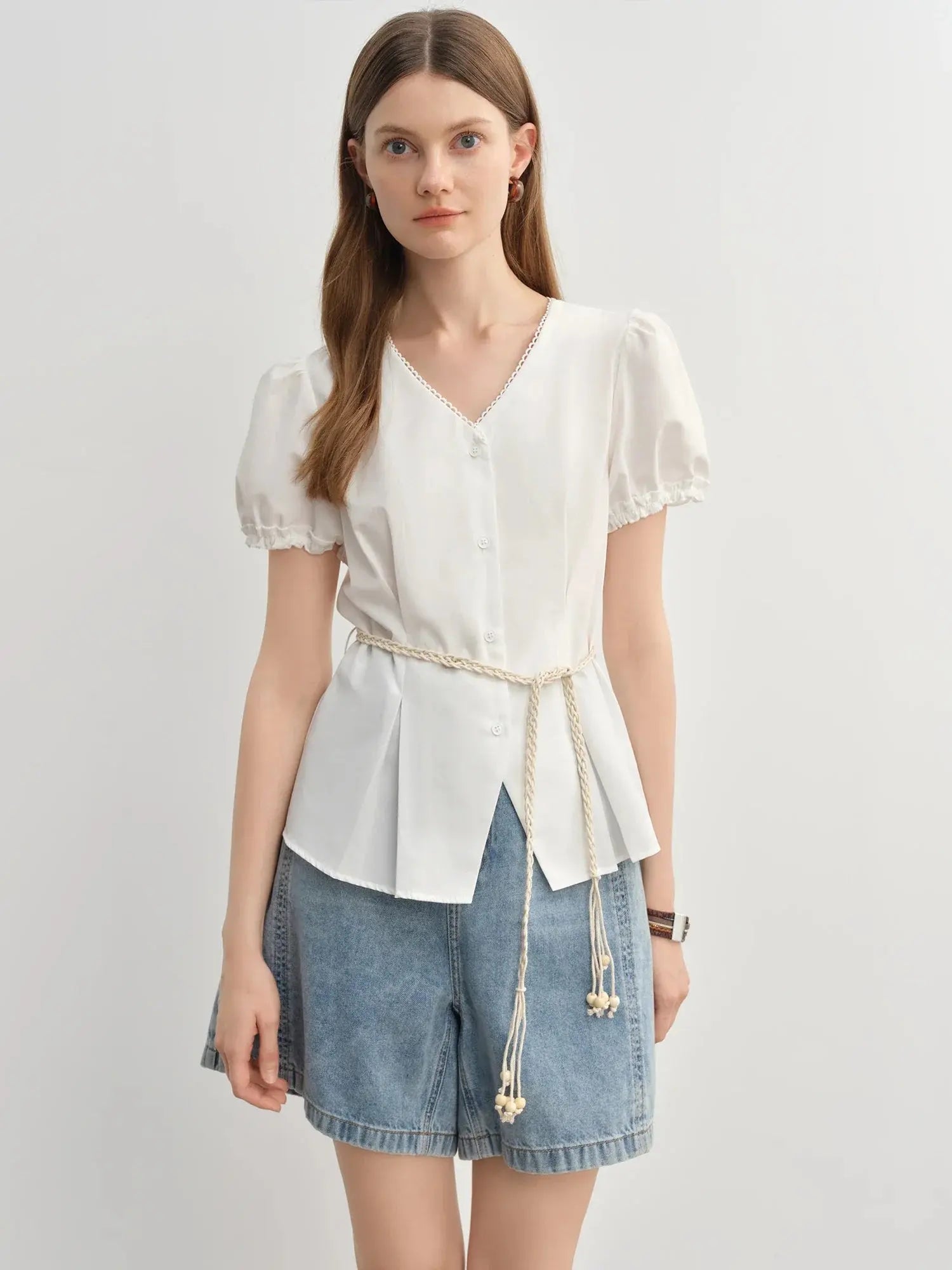 Summer V-Neck Top with Textured Pleats LORAN STORE