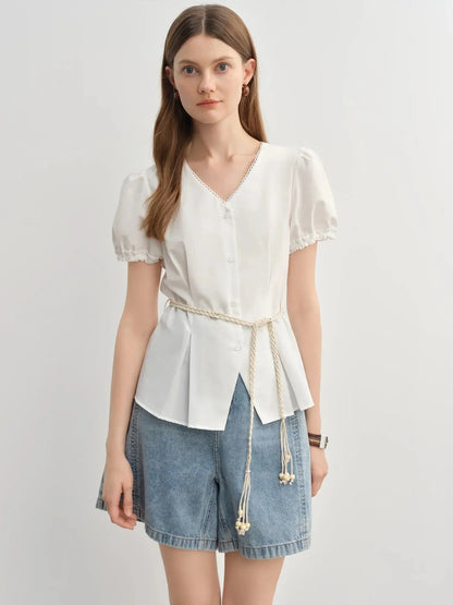 Summer V-Neck Top with Textured Pleats LORAN STORE