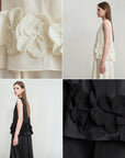Collage of a white dress with floral details and a black dress with ruffled details, featuring the brand 'AMII'.