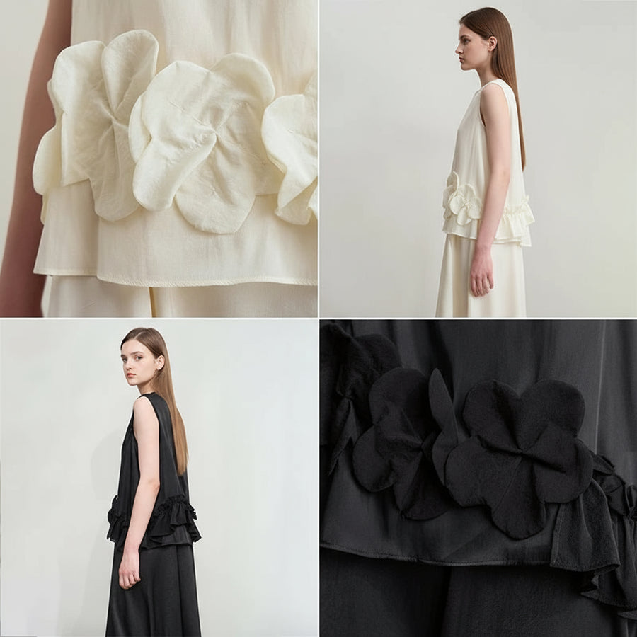 Collage of a white dress with floral details and a black dress with ruffled details, featuring the brand 'AMII'.