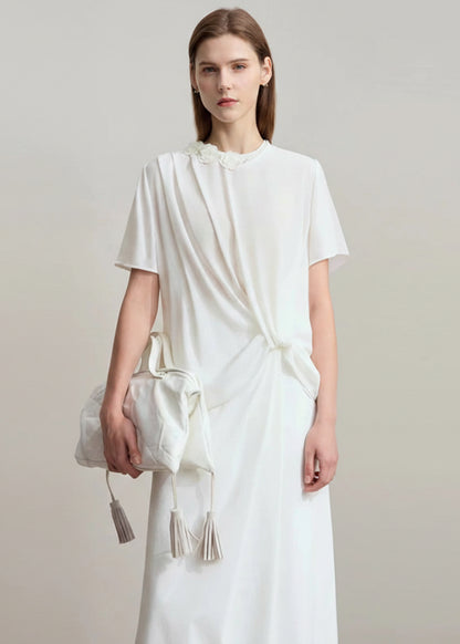 Amii Minimalist Premium Chiffon Shirt Women 2025 Summer Round neck Office Lady flower Chain Ruffles Solid color Blouse 12542251 Loran
