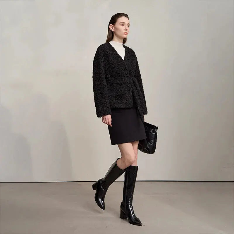 Warm Loose Fit Faux Fur Belted Jacket - Loran