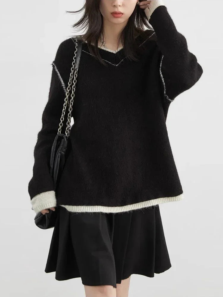 CHIC VEN Women Sweaters Long Sleeves Loose Pullovers Korean Color Block V-neck Patchwork Female Knitted Top Autumn Winter 2024 Loran