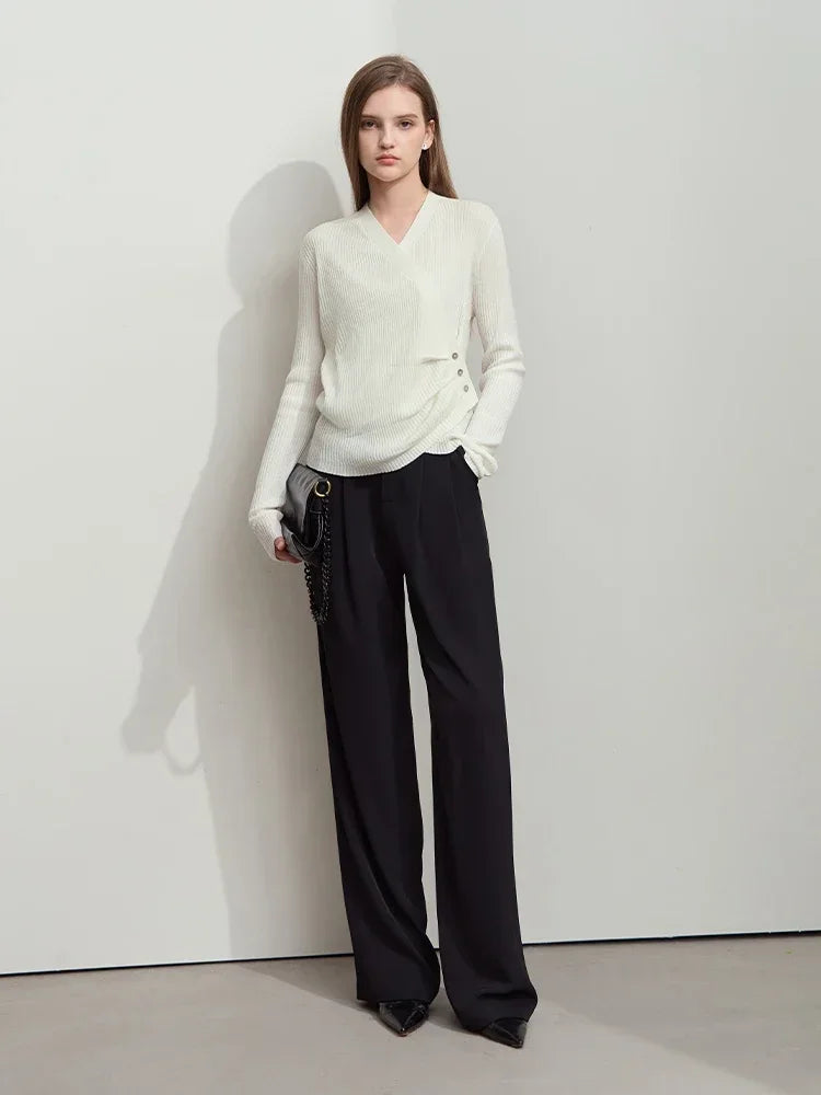 Women's V-Neck Knitted Sweater with Shell Buckle Detail