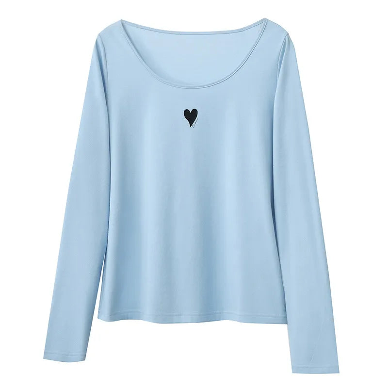 U-Neck Contrast Print Tee Long Sleeve Cotton Basic Loran
