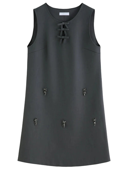 Embellished Beaded Tank Dress with Bow Accent for Fall - Loran