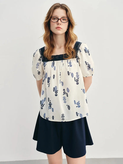 Plus Size Square Neck French Lace Short Sleeve Blouse - Loran