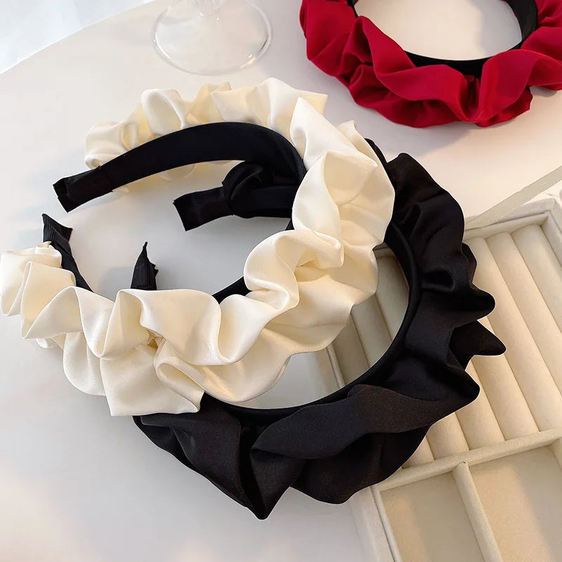 Elegant Solid Color Pleated Wide Headband for Women