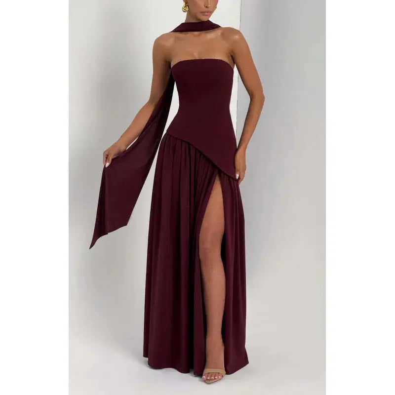 Sleek Solid Tube Top Maxi Dress with High Slit - Loran