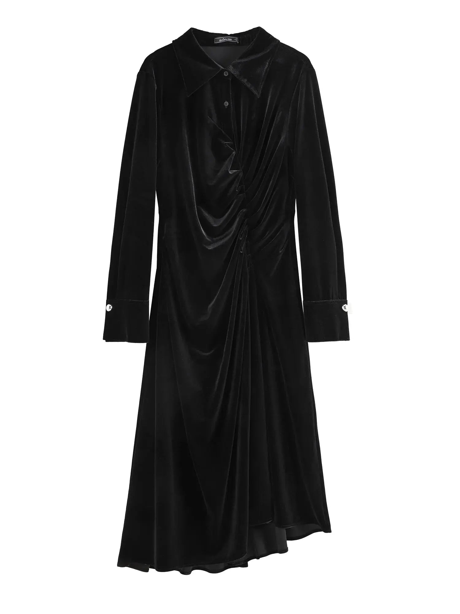 Elegant Black Velvet Long Dress with Polo Neck - Loran