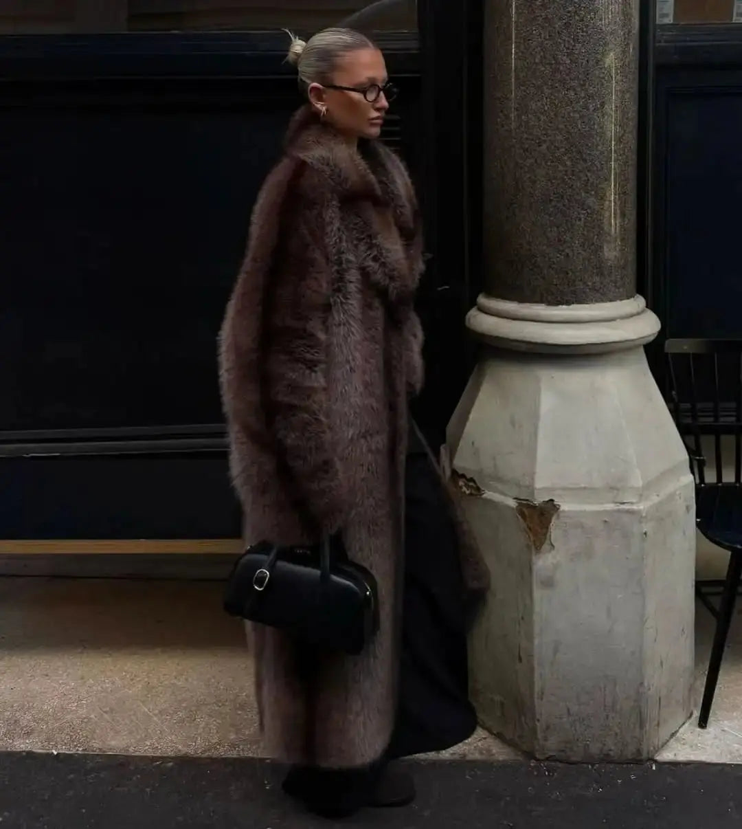 Women's Faux Fur Lapel Coat - Loran