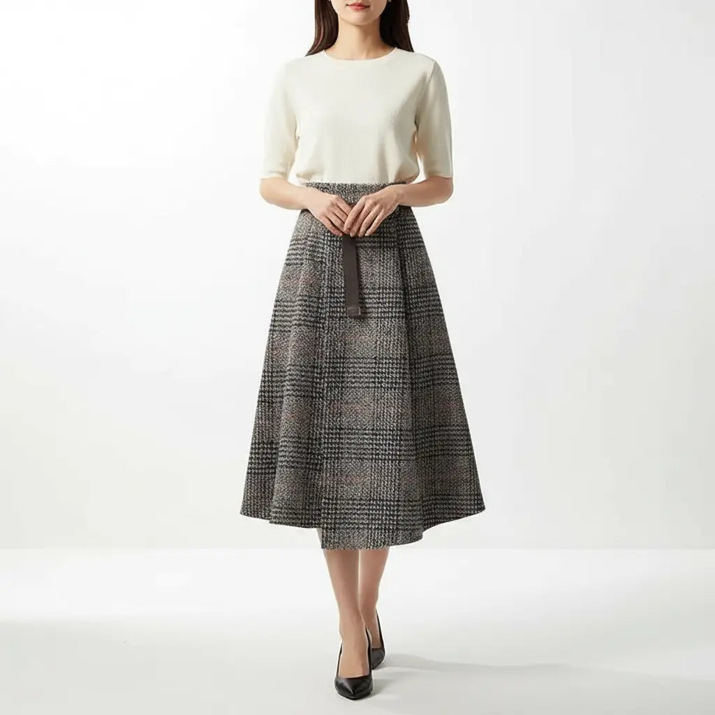 Irregular Hem Wool-Blend Plaid Midi Skirt - Loran