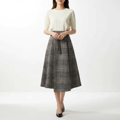 Irregular Hem Wool-Blend Plaid Midi Skirt - Loran
