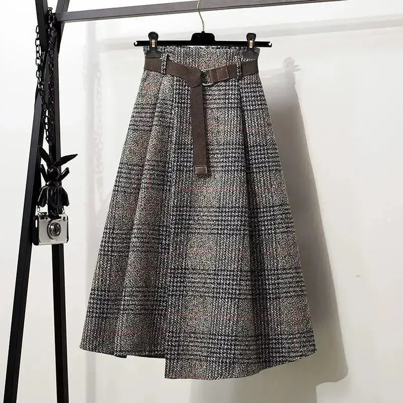 Irregular Hem Wool-Blend Plaid Midi Skirt - Loran