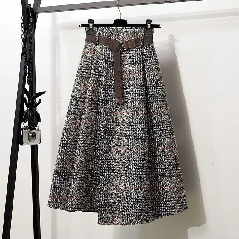Irregular Hem Wool-Blend Plaid Midi Skirt