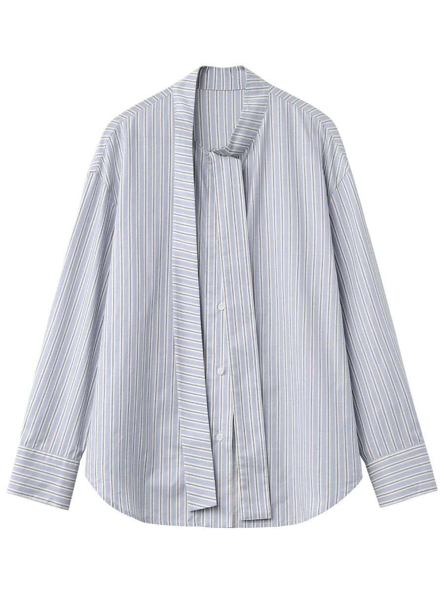 CHIC VEN Women Shirt Loose New Bow Tie Tied Blue Striped Long Sleeved Casual Blouses Cotton Female Top Spring Autumn 2025 Loran