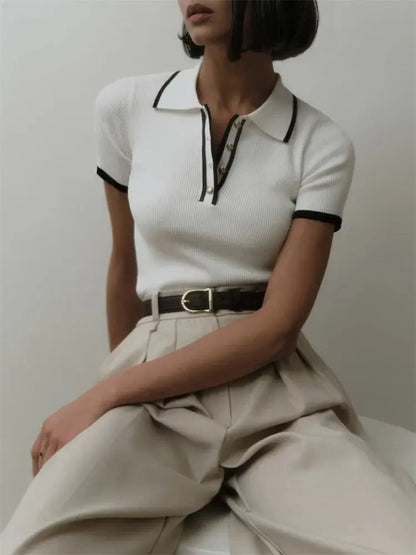 Contrast Patchwork Knit Top with Lapel Collar - Loran