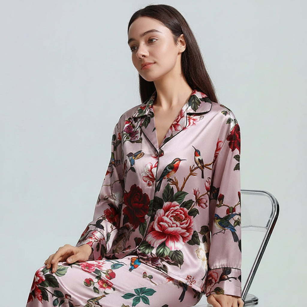 FIMTAIRAH 6A 19MM  Printed Floral  Home Suit   Real Silk Pajamas Set  100% Silk Pajamas For Women Female Spring Loran