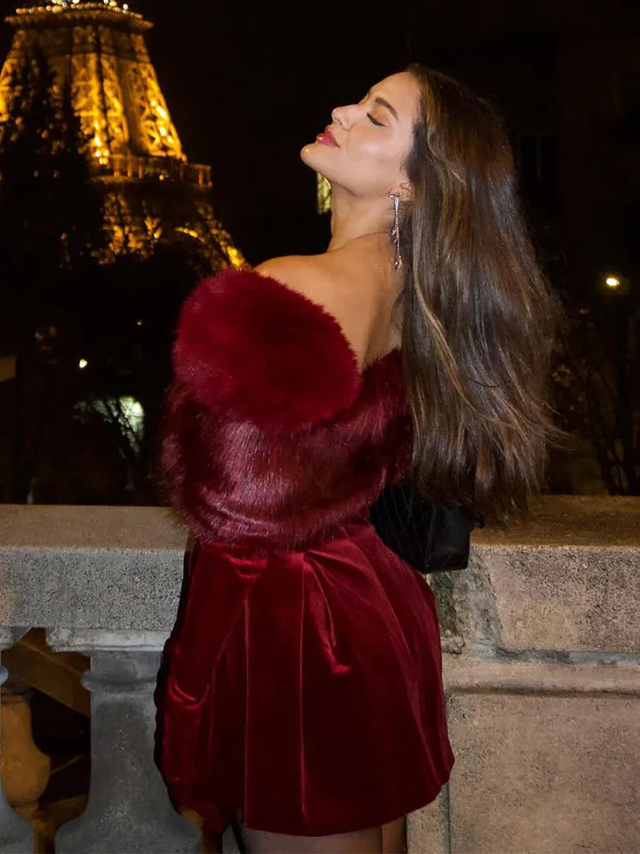 Valentine's Dress Elegant Faux Fur Red Strapless - 3IN SMART Shop  #